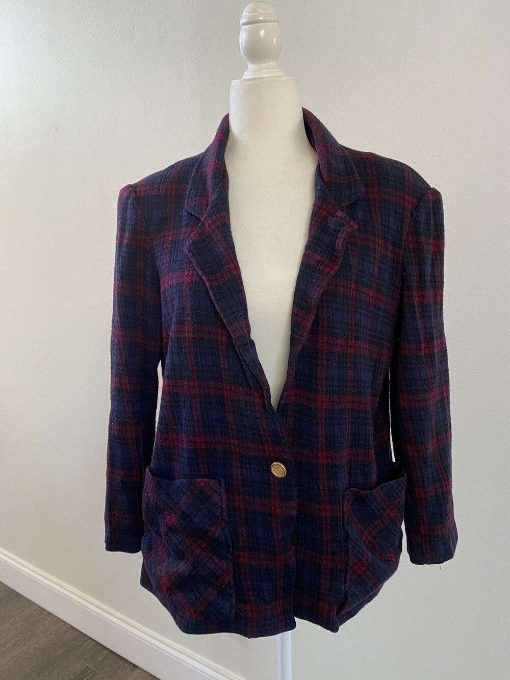 Vintage Womens Cape Cod Sportswear Pockets Shoulder Pads Plaid Jacket Sz XL